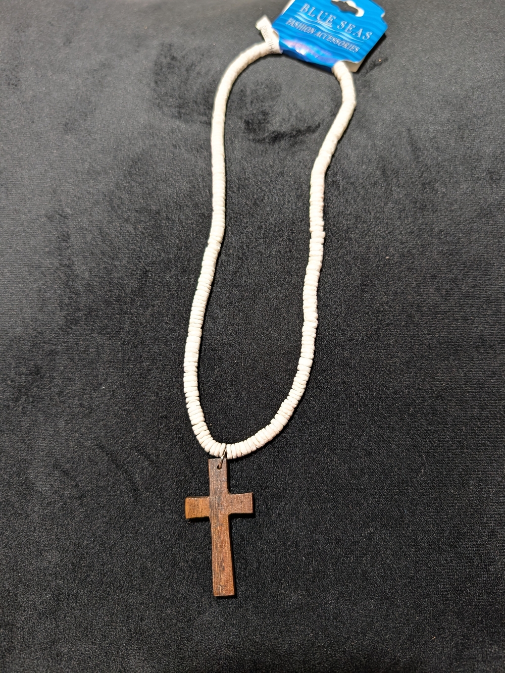 Cream Bead Necklace with Wooden Cross Pendant -